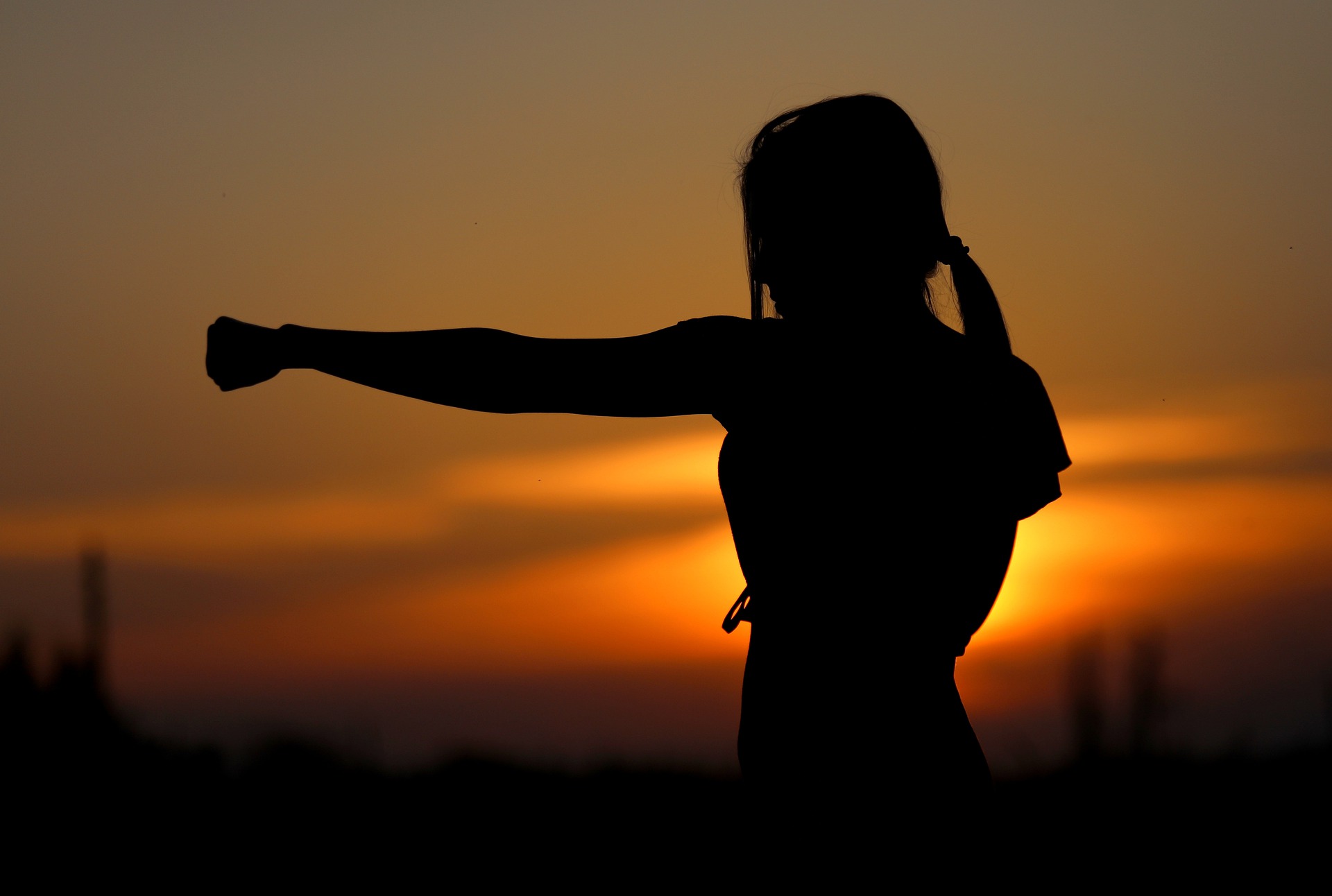 Schattenbild: Schwarz belichtete Frau mit Pferdeschwanz und in Boxer-Pose mit ausgestreckter Linken vor der unscharfen, untergehenden Sonne